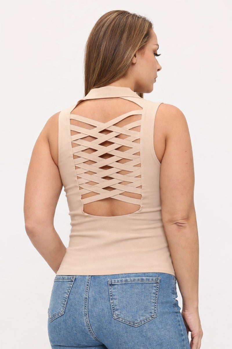 LACE UP DETAIL FRONT COLLARED TANK TOP-PLUS