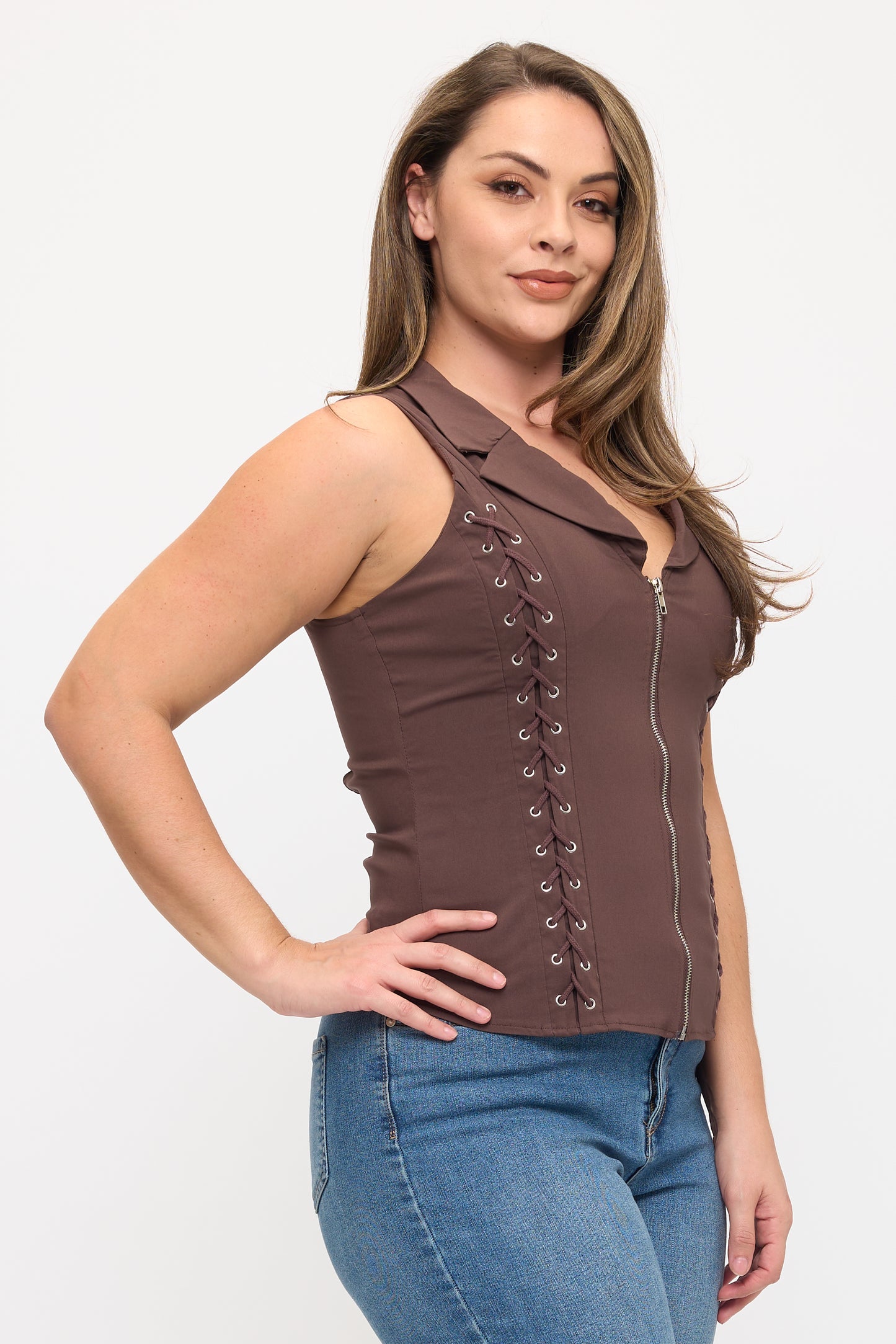 LACE UP DETAIL FRONT COLLARED TANK TOP-PLUS