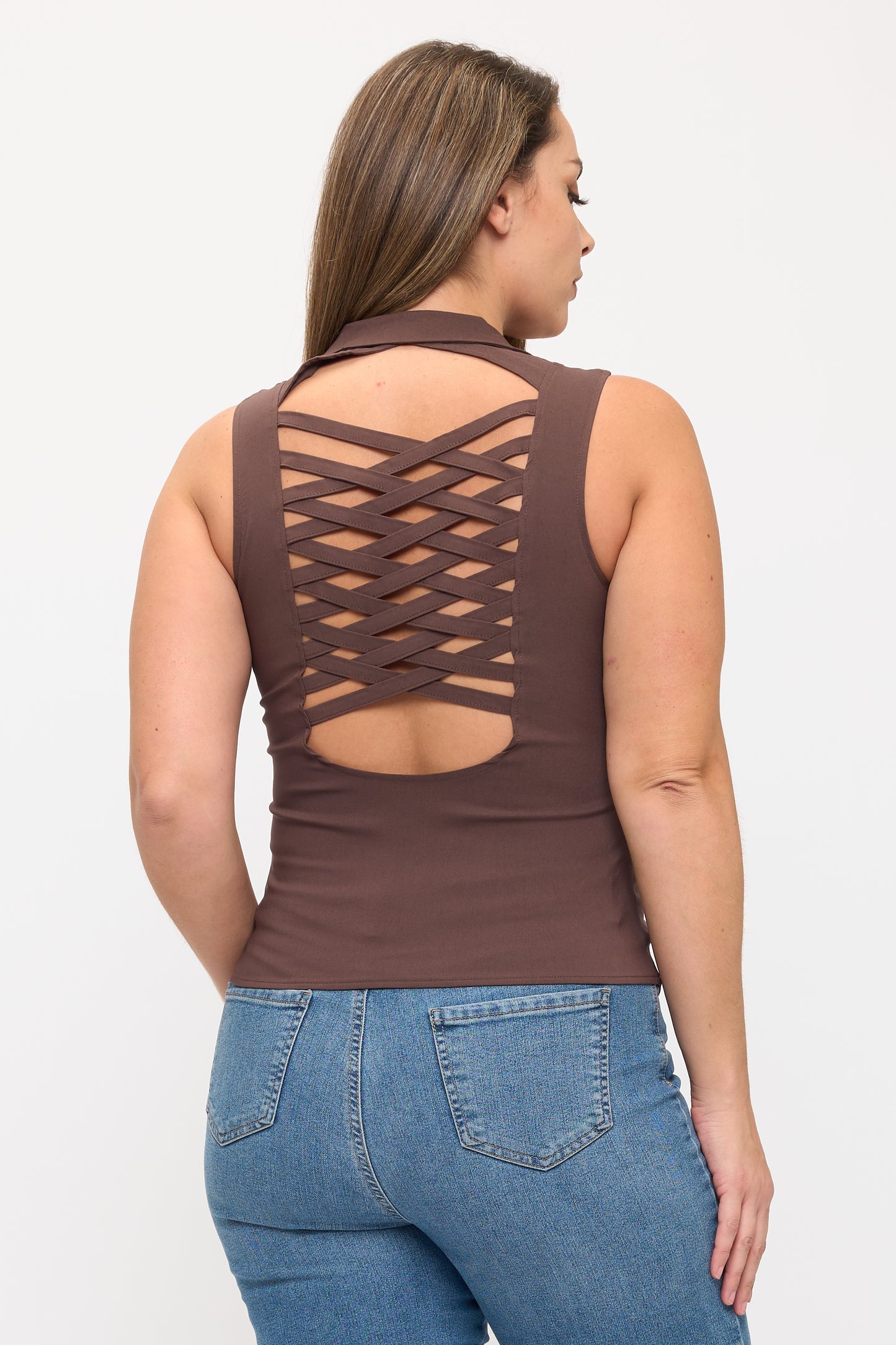 LACE UP DETAIL FRONT COLLARED TANK TOP-PLUS