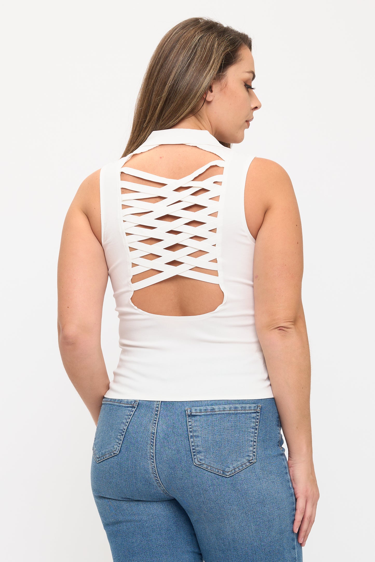 LACE UP DETAIL FRONT COLLARED TANK TOP-PLUS