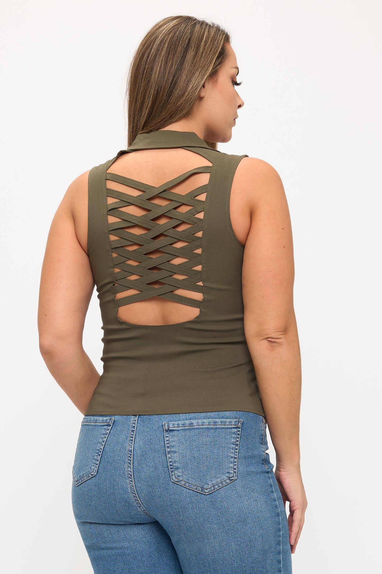 LACE UP DETAIL FRONT COLLARED TANK TOP-PLUS