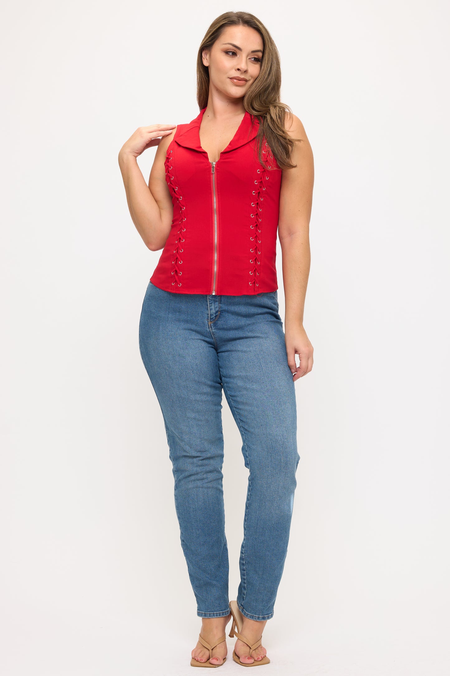 LACE UP DETAIL FRONT COLLARED TANK TOP-PLUS