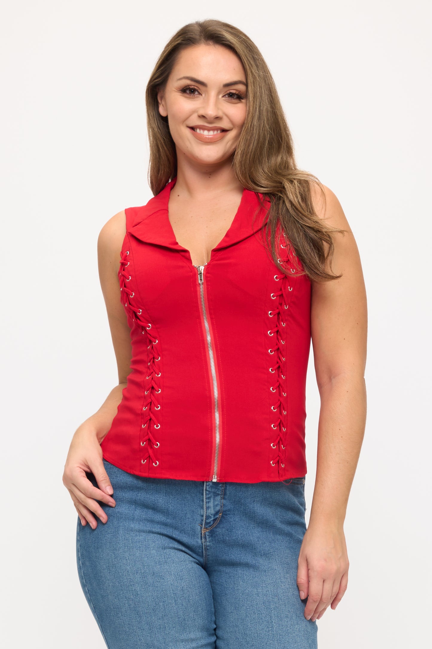 LACE UP DETAIL FRONT COLLARED TANK TOP-PLUS