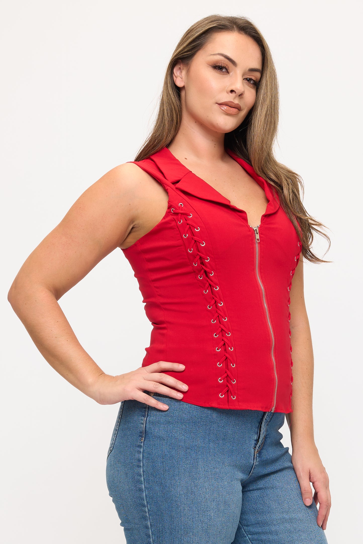 LACE UP DETAIL FRONT COLLARED TANK TOP-PLUS