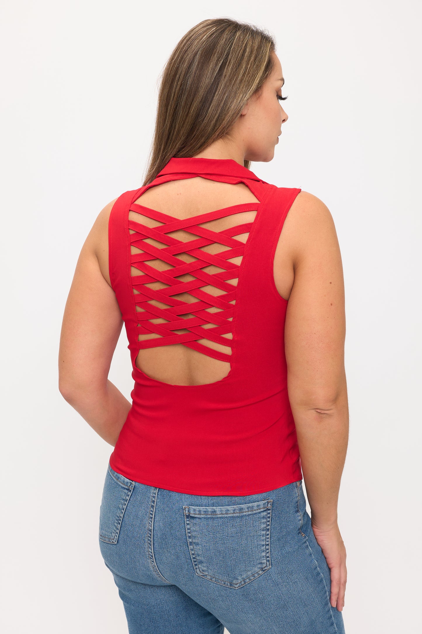 LACE UP DETAIL FRONT COLLARED TANK TOP-PLUS