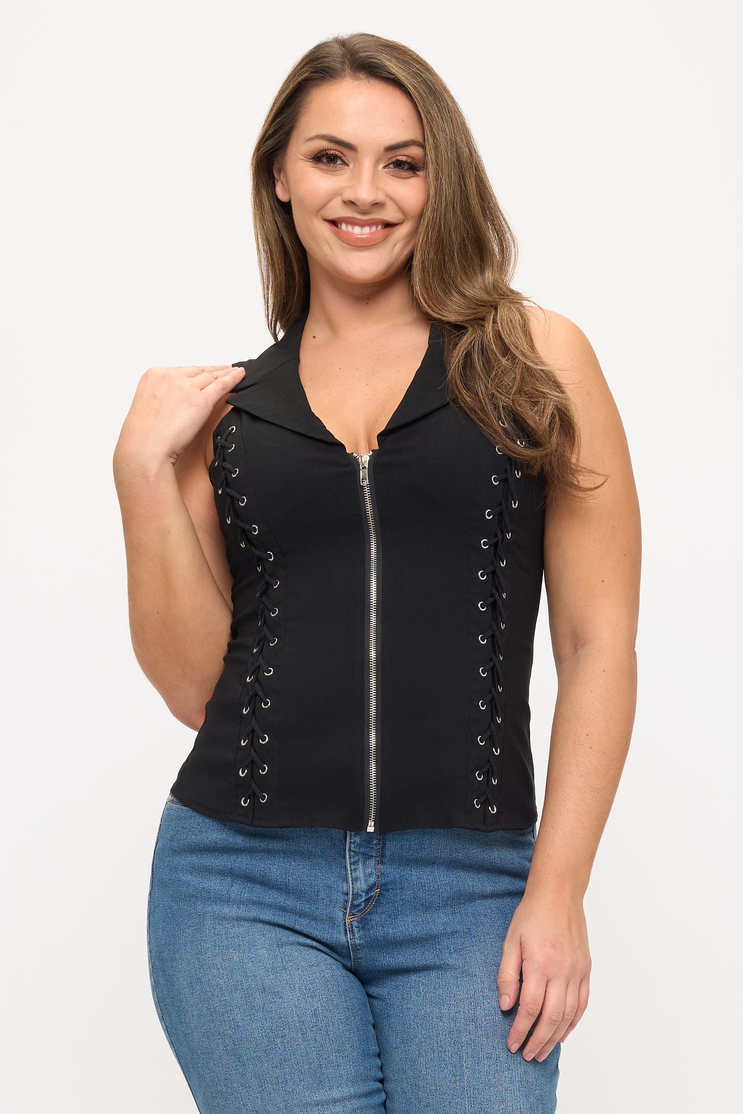 LACE UP DETAIL FRONT COLLARED TANK TOP-PLUS