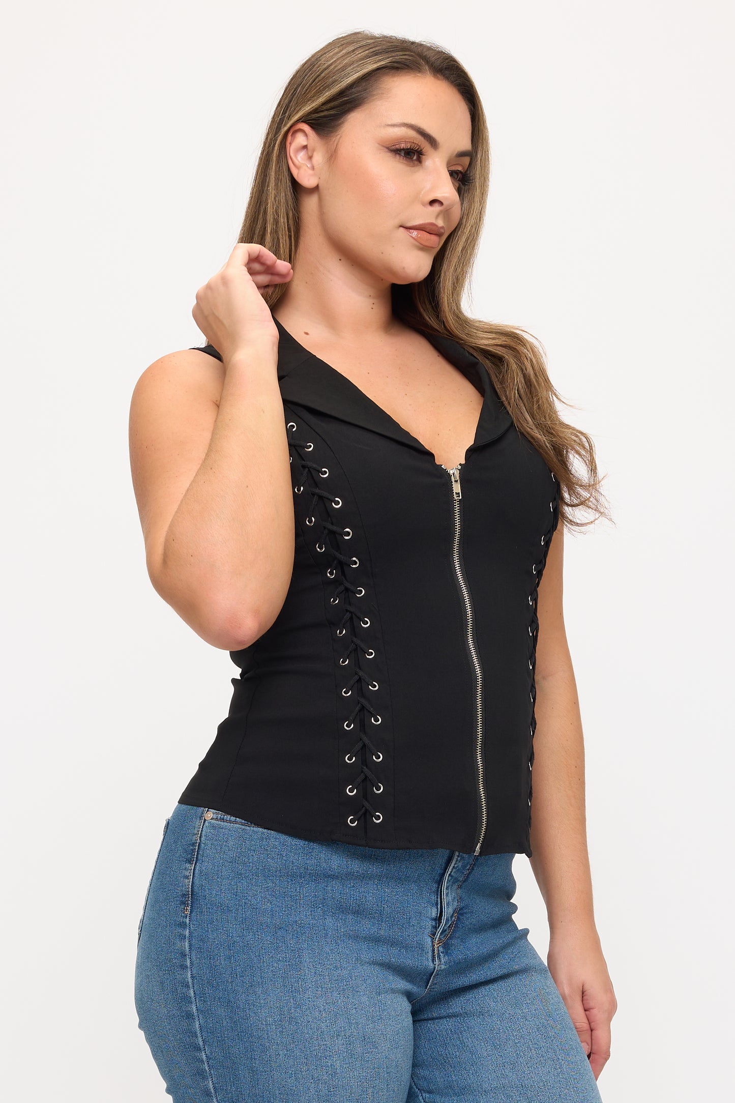 LACE UP DETAIL FRONT COLLARED TANK TOP-PLUS
