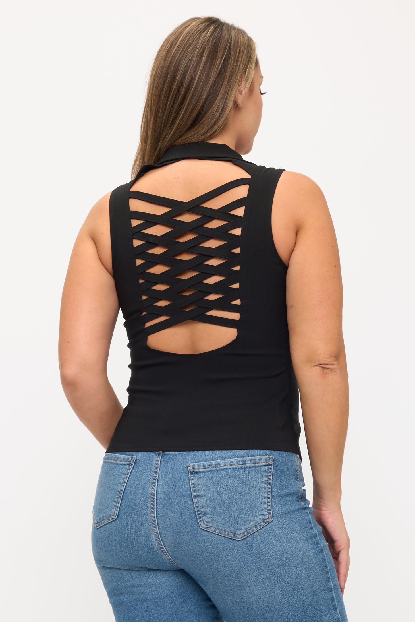 LACE UP DETAIL FRONT COLLARED TANK TOP-PLUS