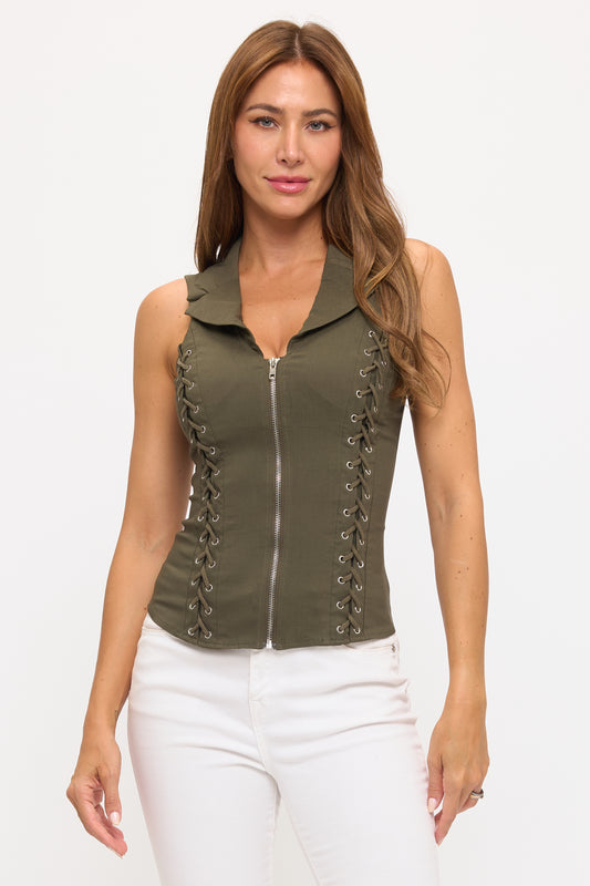 LACE UP DETAIL FRONT COLLARED TANK TOP