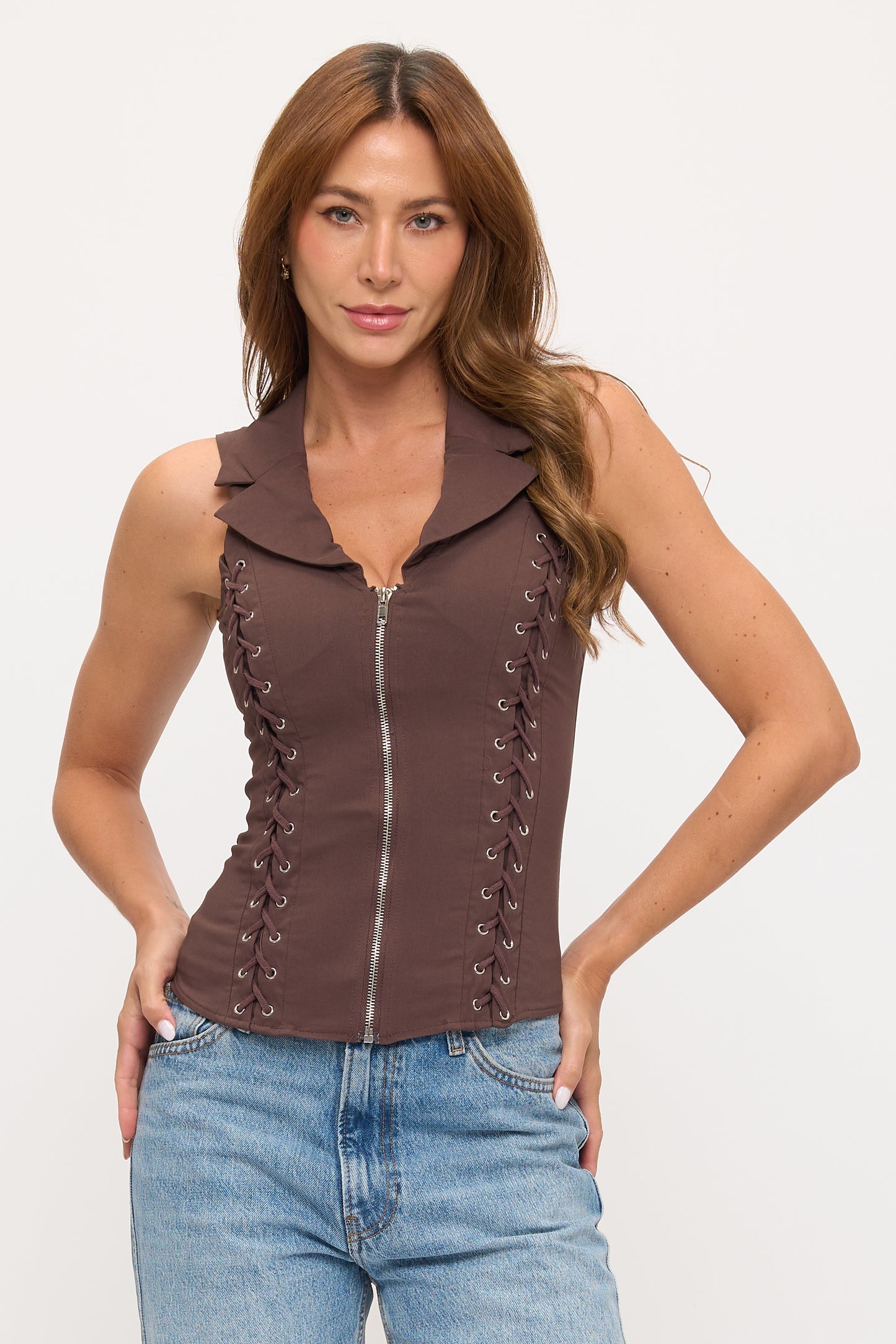 LACE UP DETAIL FRONT COLLARED TANK TOP