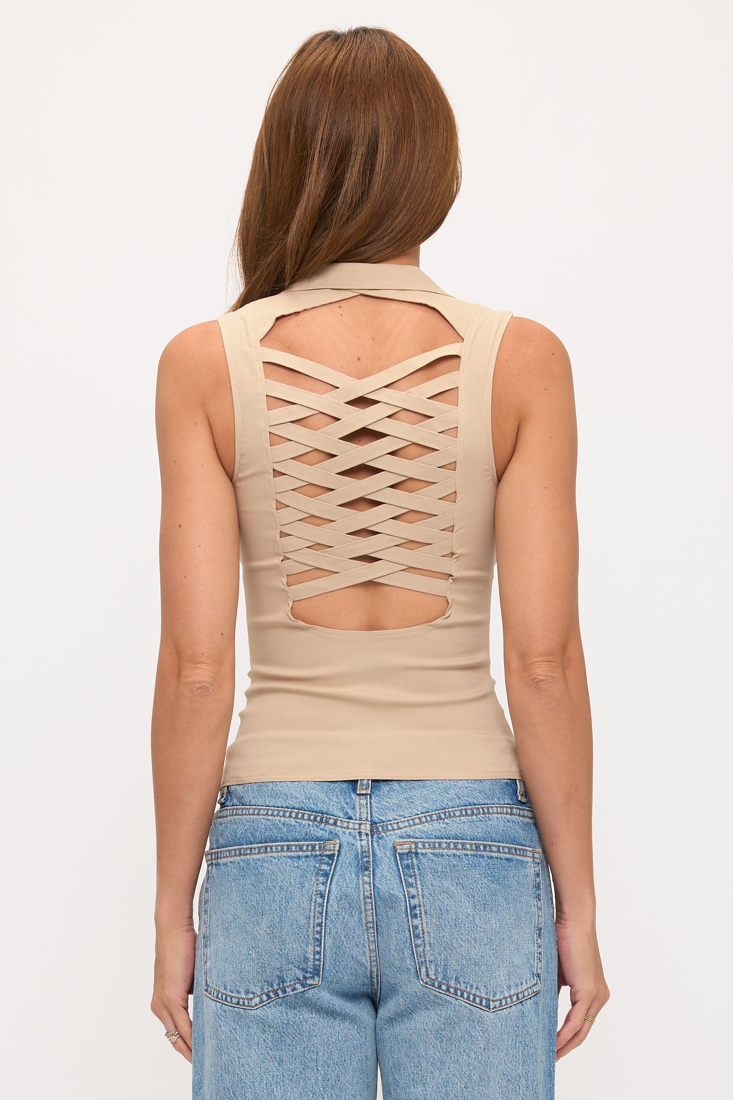 LACE UP DETAIL FRONT COLLARED TANK TOP