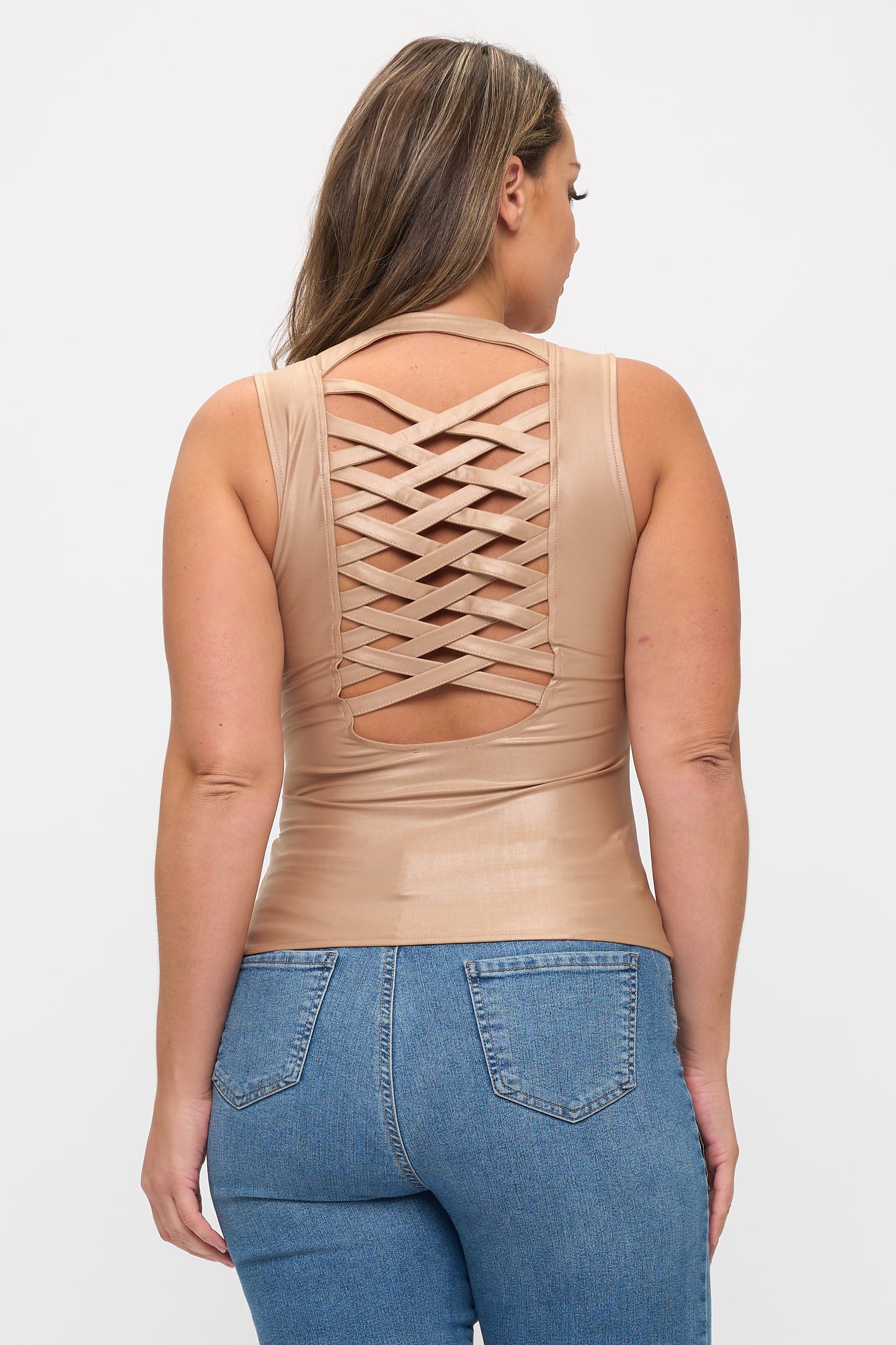 LACE-UP DETAIL ZIP UP SLEEVELESS TOP -PLUS