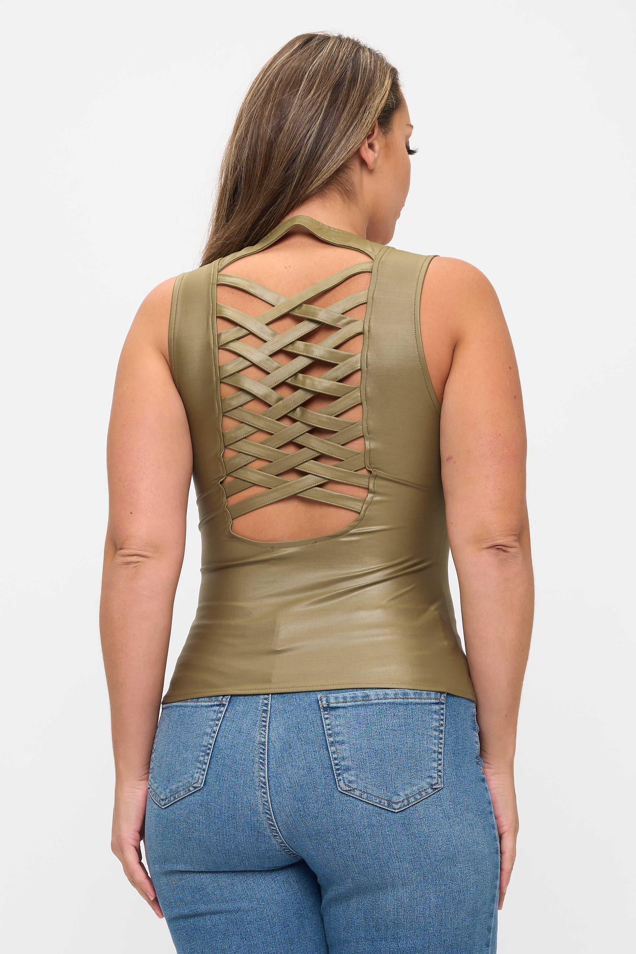 LACE-UP DETAIL ZIP UP SLEEVELESS TOP -PLUS – OhYes Fashion