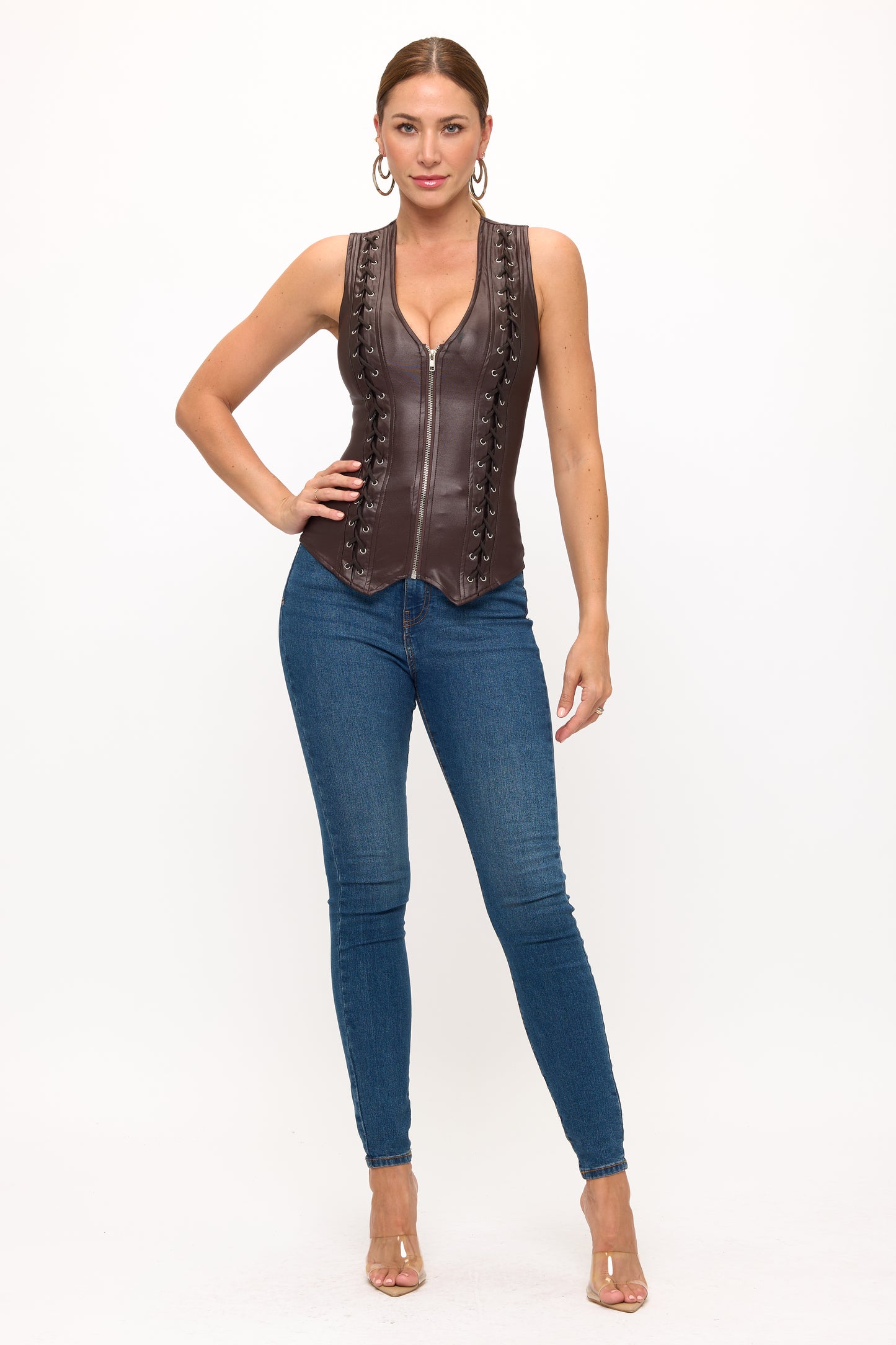 LACE-UP DETAIL ZIP UP SLEEVELESS TOP