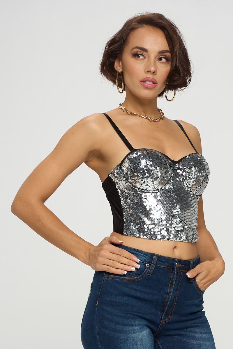 SEQUIN BUSTIER CROPPED TOP