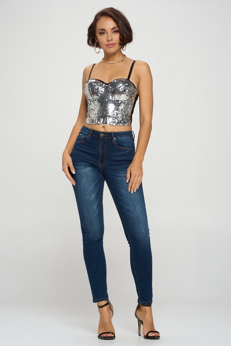 SEQUIN BUSTIER CROPPED TOP