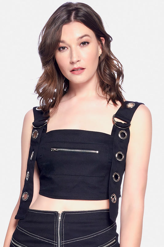 RING HOLES DETAIL CHEST ZIPPER OPEN BACK CROP TOP
