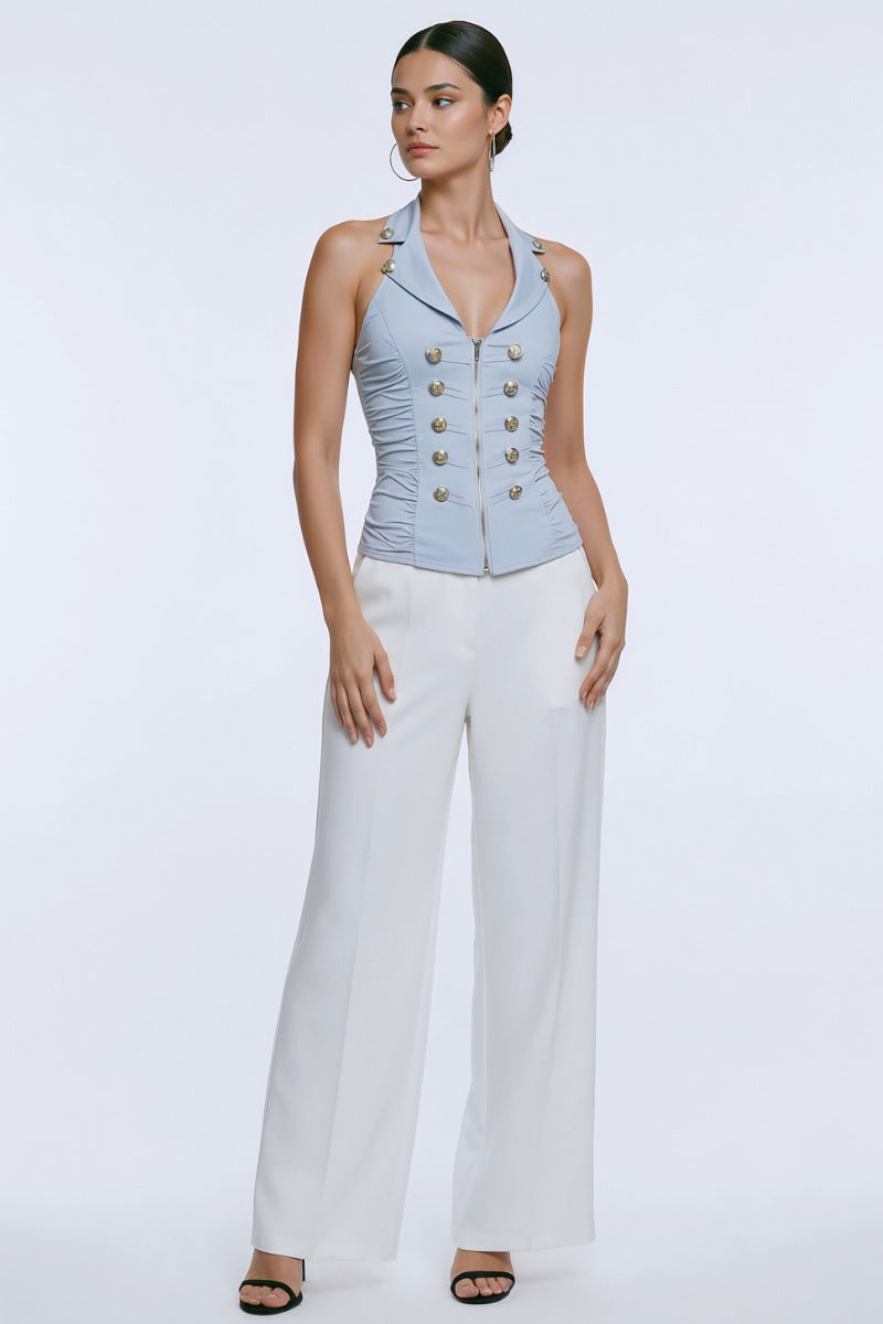 BUTTON DETAILED ZIP UP CLOSURE HALTER TANK TOP_D6618