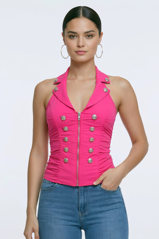 BUTTON DETAILED ZIP UP CLOSURE HALTER TANK TOP_D6618