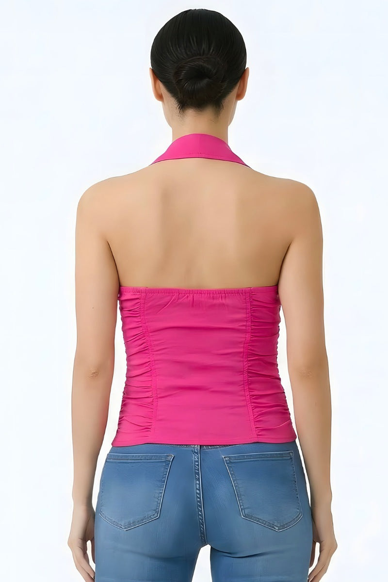 BUTTON DETAILED ZIP UP CLOSURE HALTER TANK TOP_D6618