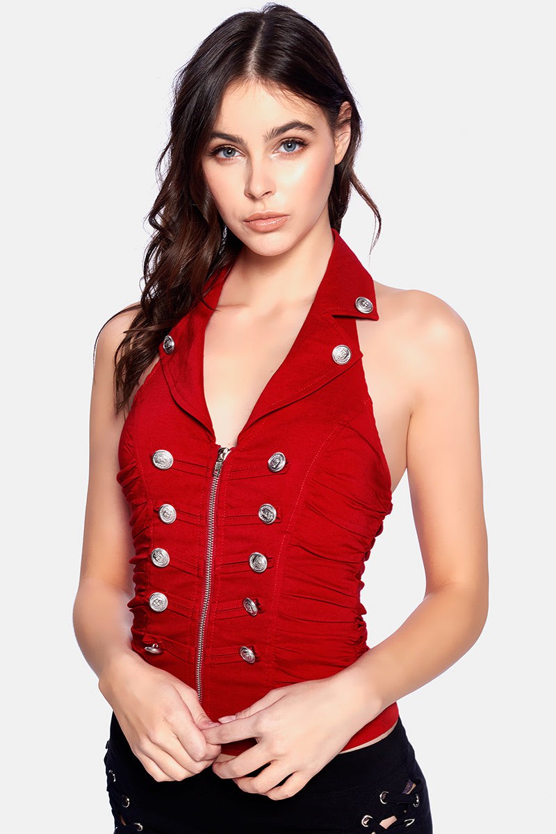 BUTTON DETAILED ZIP UP CLOSURE HALTER TANK TOP_D6618