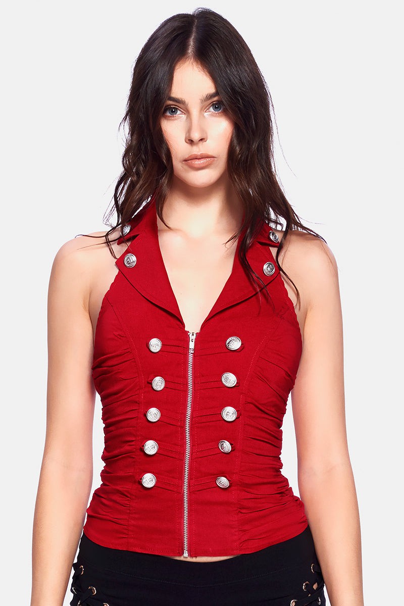 BUTTON DETAILED ZIP UP CLOSURE HALTER TANK TOP_D6618