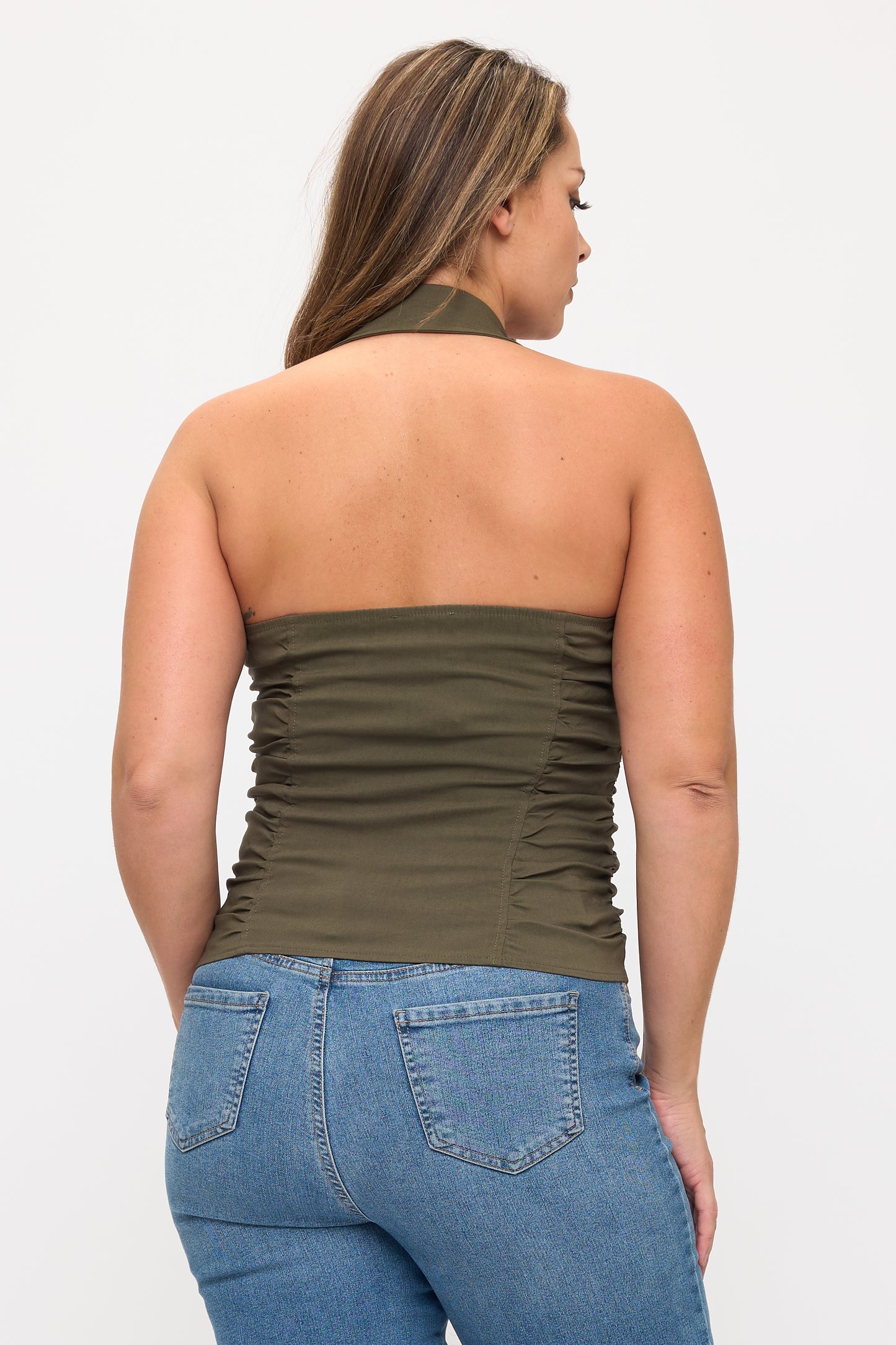 BUTTON DETAILED ZIP UP CLOSURE HALTER TOP-PLUS