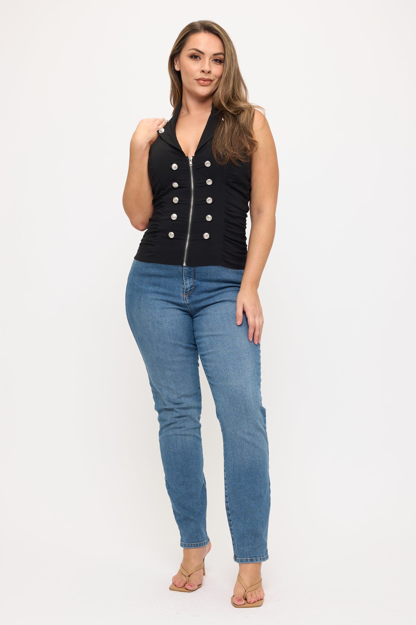 BUTTON DETAILED ZIP UP CLOSURE HALTER TOP-PLUS