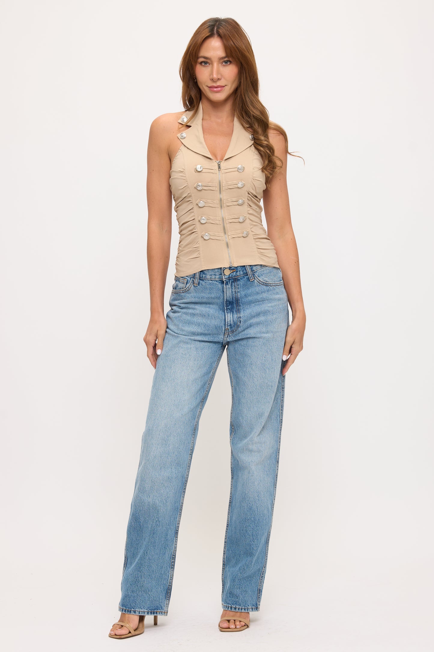 BUTTON DETAILED ZIP UP CLOSURE HALTER TANK TOP_D6618