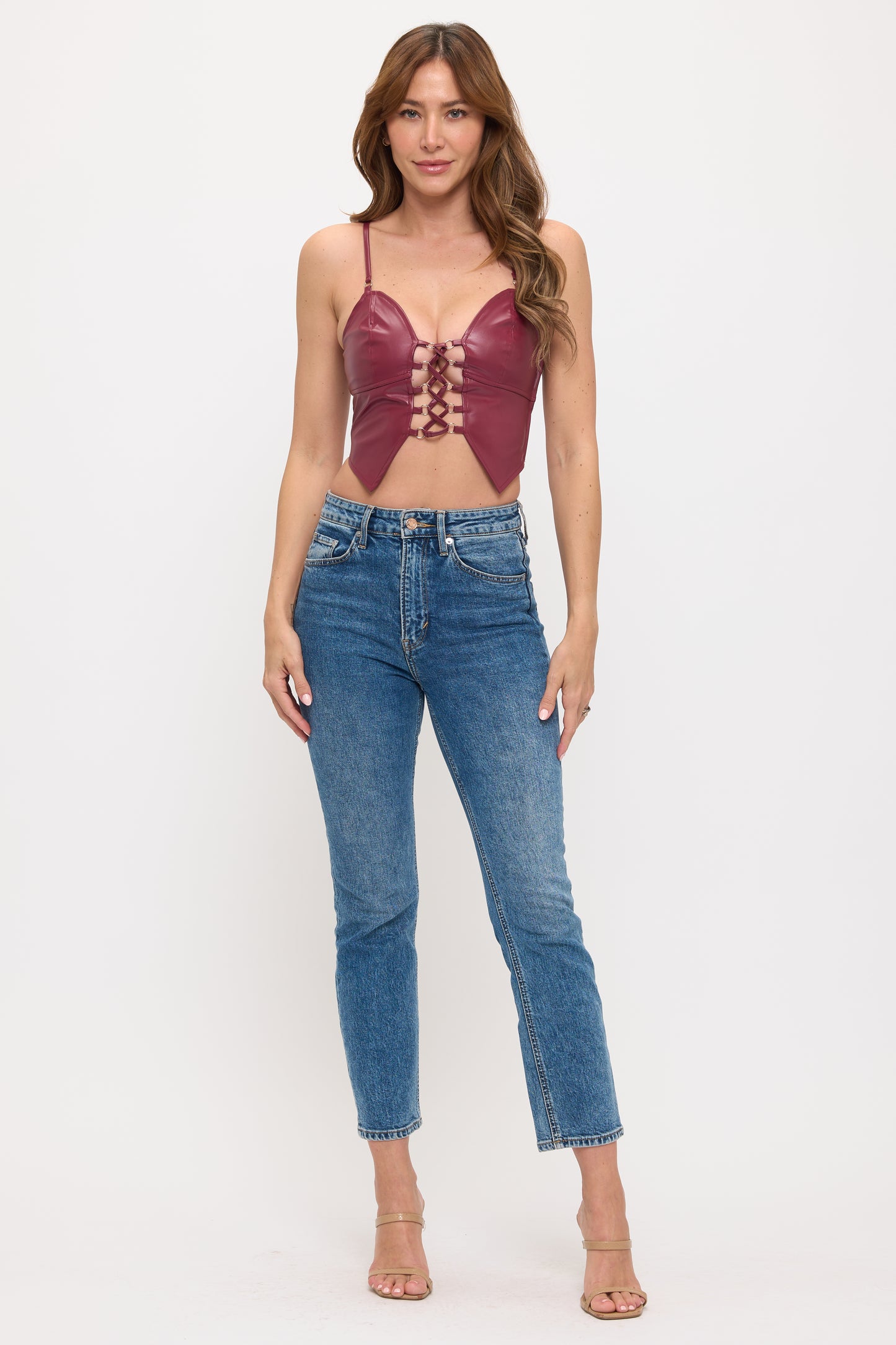 FRONT LACE UP DETAIL FAUX LEATHER CROP TOP