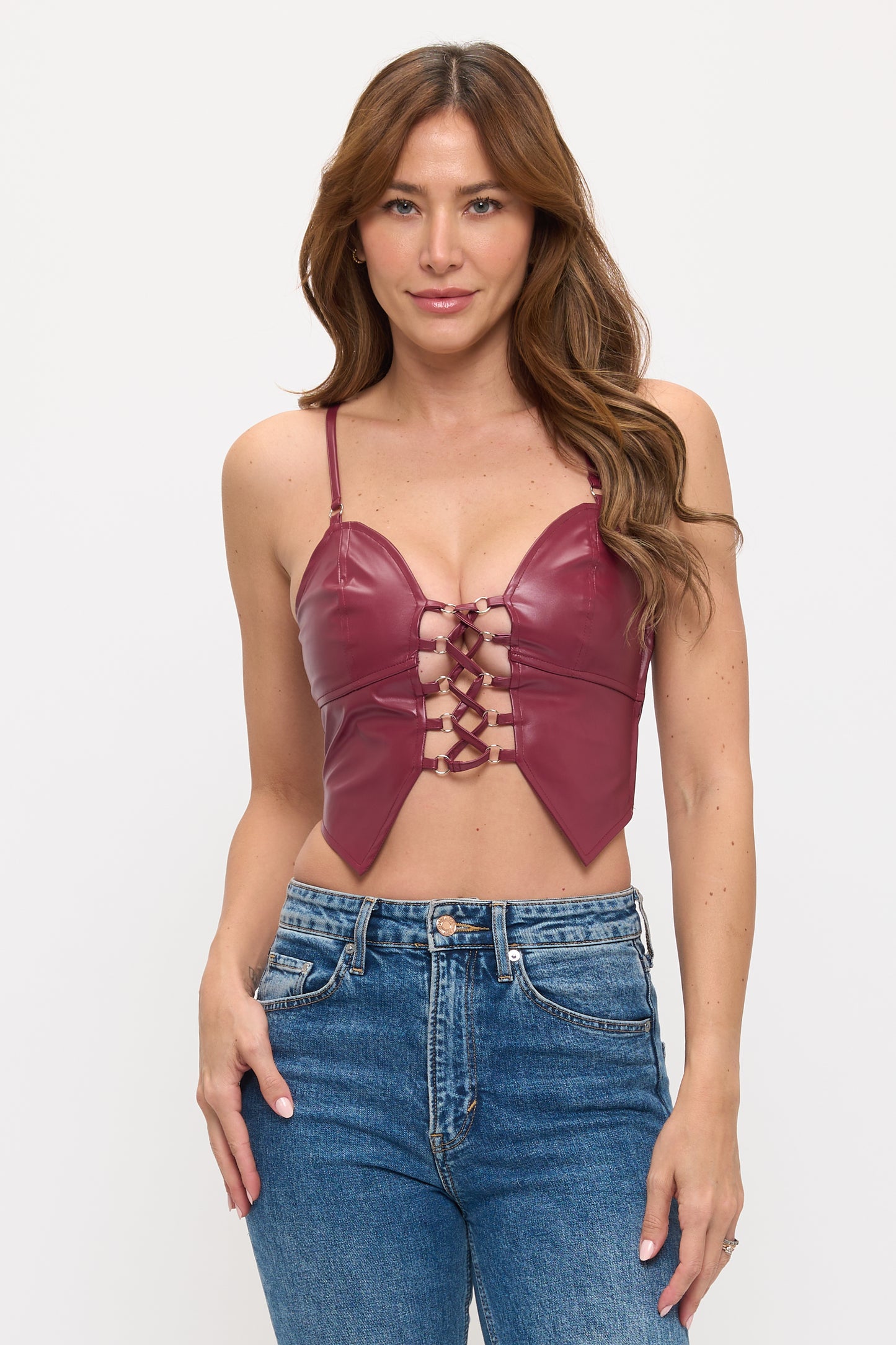 FRONT LACE UP DETAIL FAUX LEATHER CROP TOP