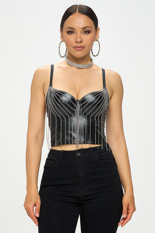 RHINESTONE FRINGE PU CORSET CROP TOP_D7218