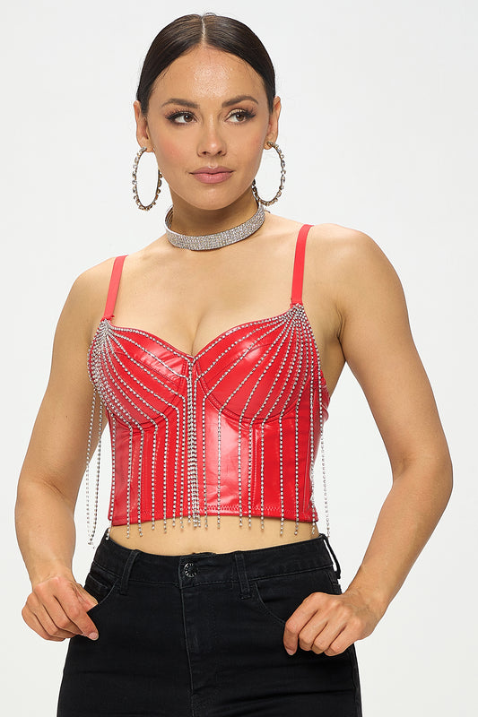 RHINESTONE FRINGE PU CORSET CROP TOP_D7218