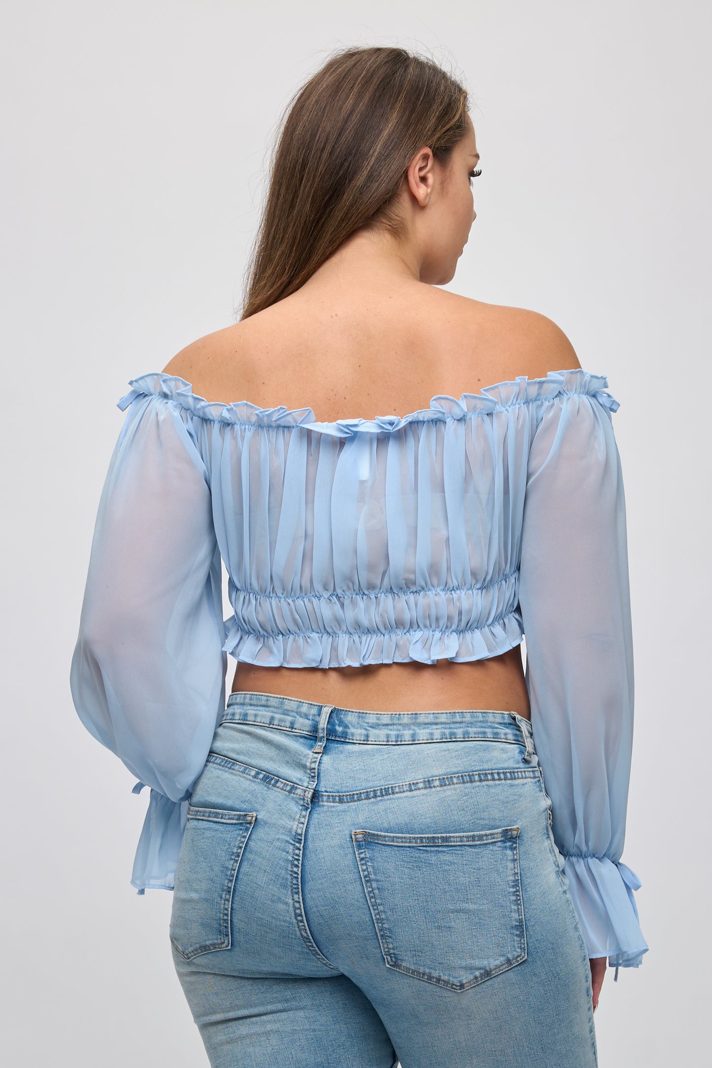 OFF SHOULDER RUFFLE TRIM KNOT SLEEVE CROP TOP PLUS