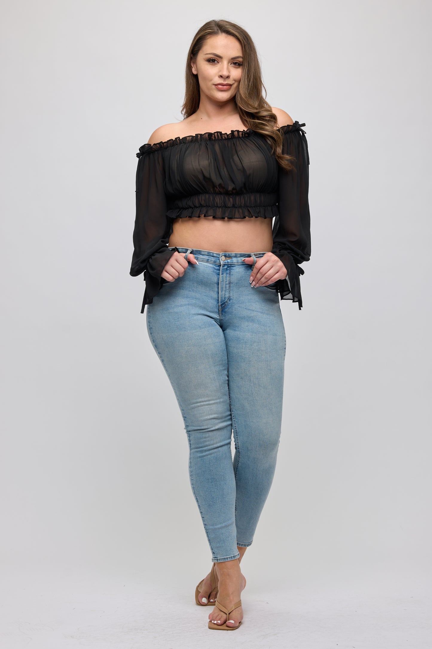 OFF SHOULDER RUFFLE TRIM KNOT SLEEVE CROP TOP PLUS