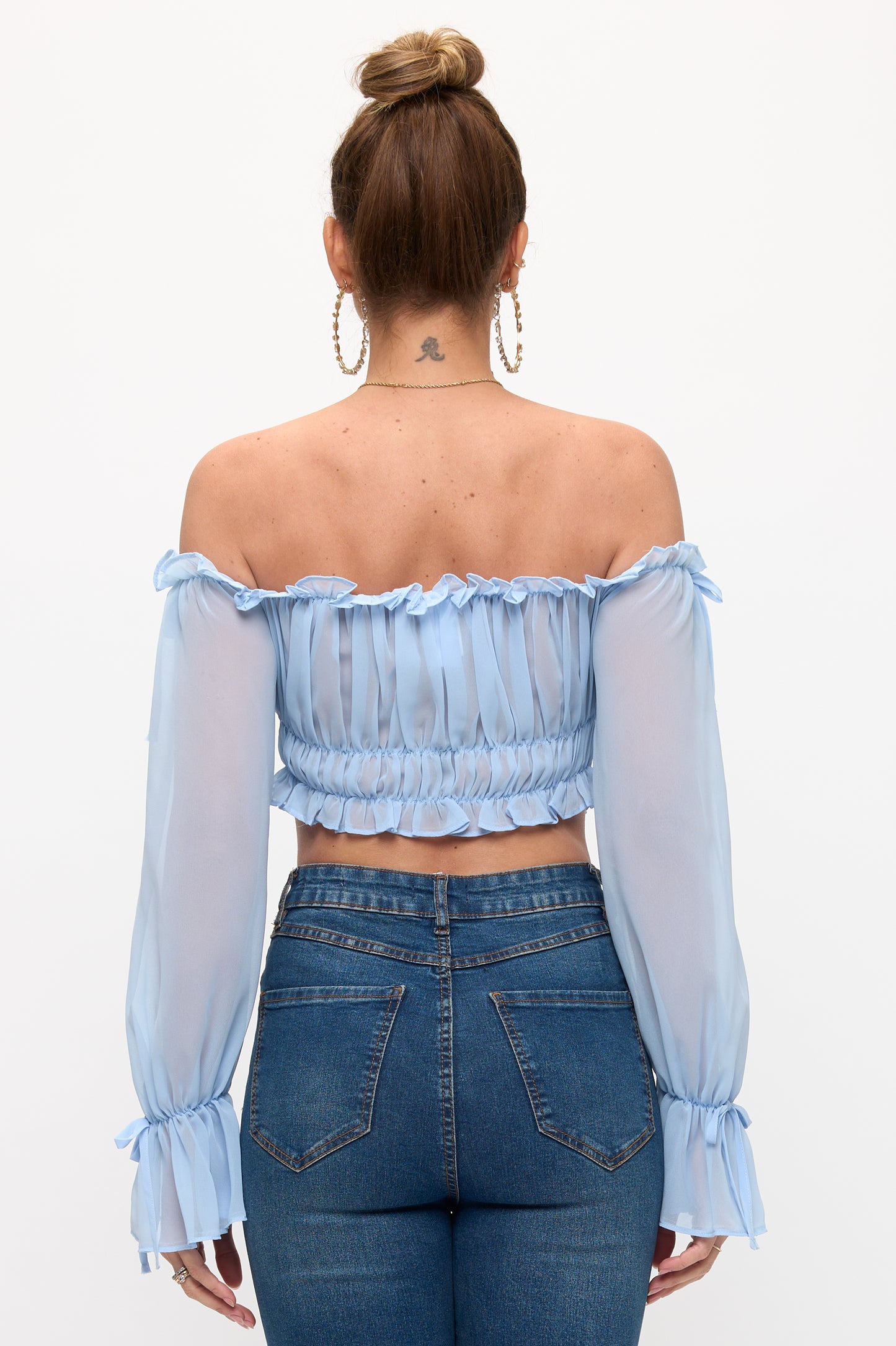 OFF SHOULDER RUFFLE TRIM KNOT SLEEVE CROP TOP