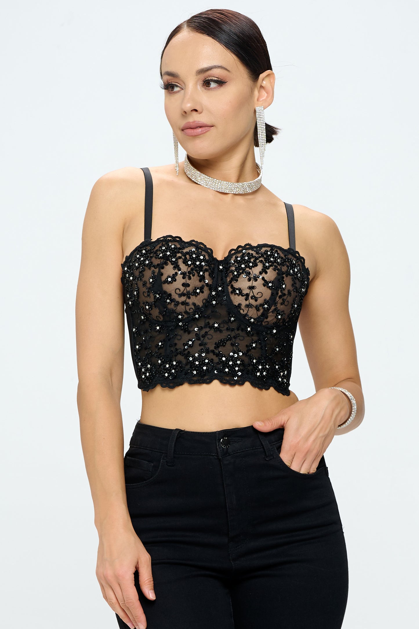FLOWER BEADING SEQUIN MESH BUSTIER TOP
