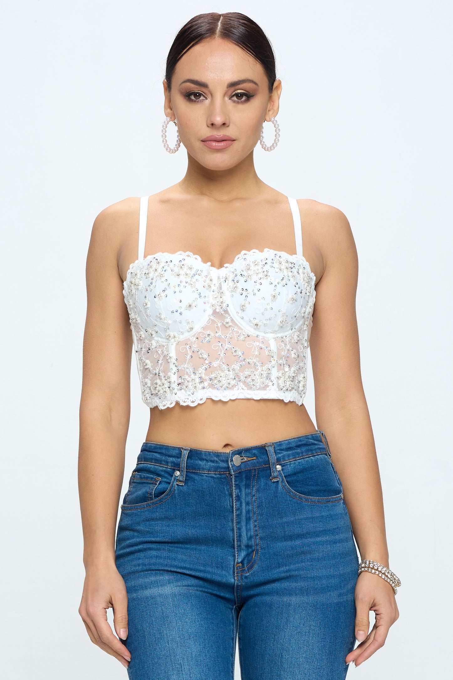 FLOWER BEADING SEQUIN MESH BUSTIER TOP