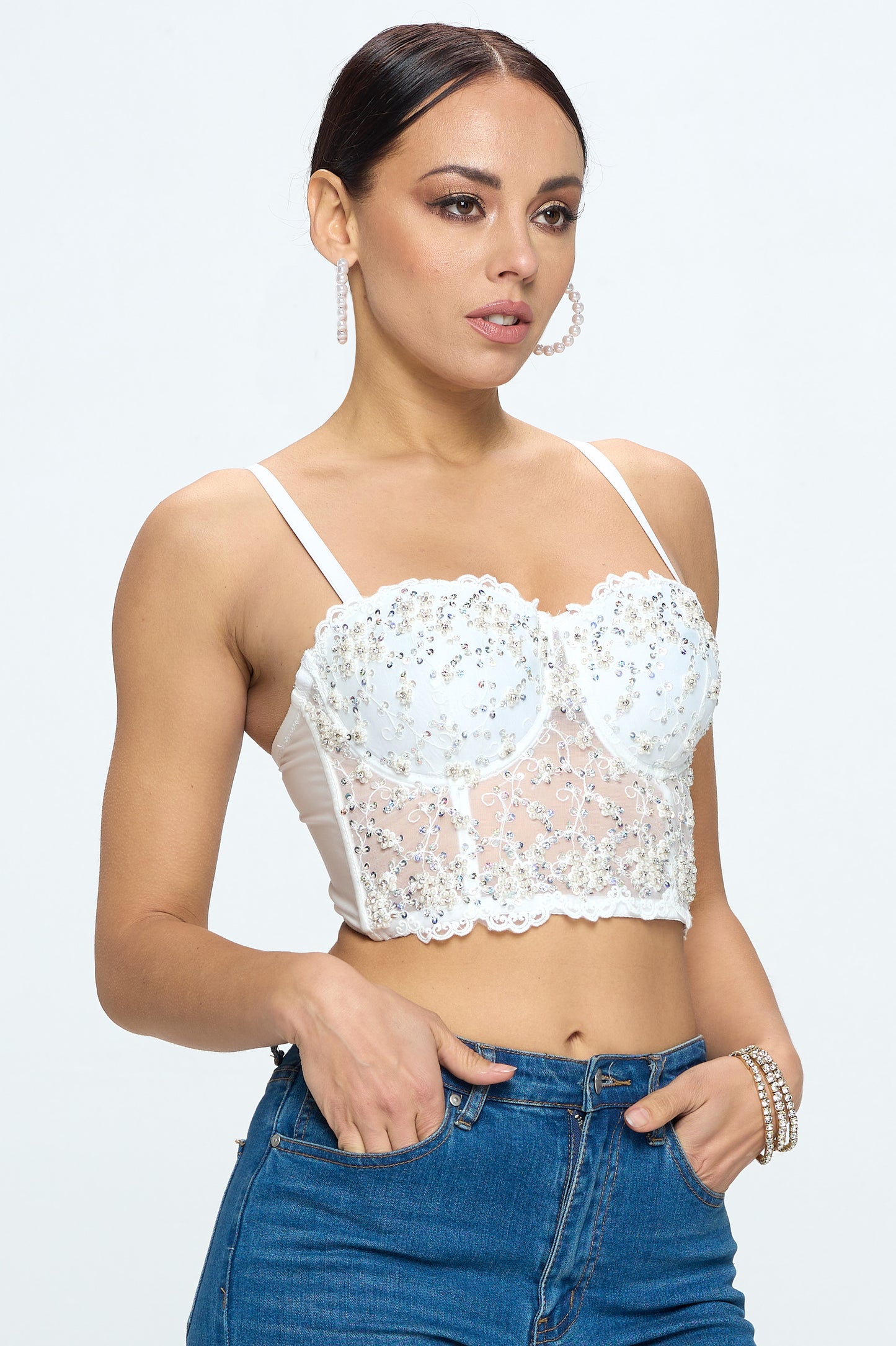 FLOWER BEADING SEQUIN MESH BUSTIER TOP