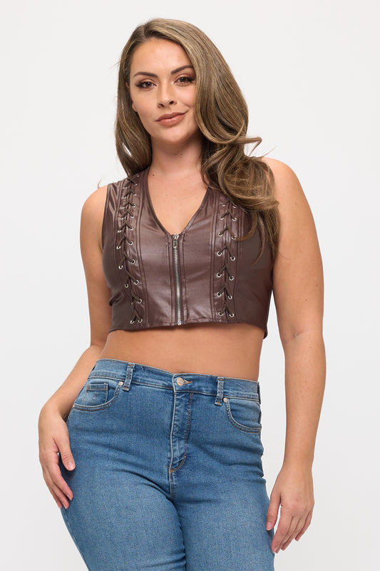 LACE-UP DETAIL SLEEVELESS CROP TOP-PLUS