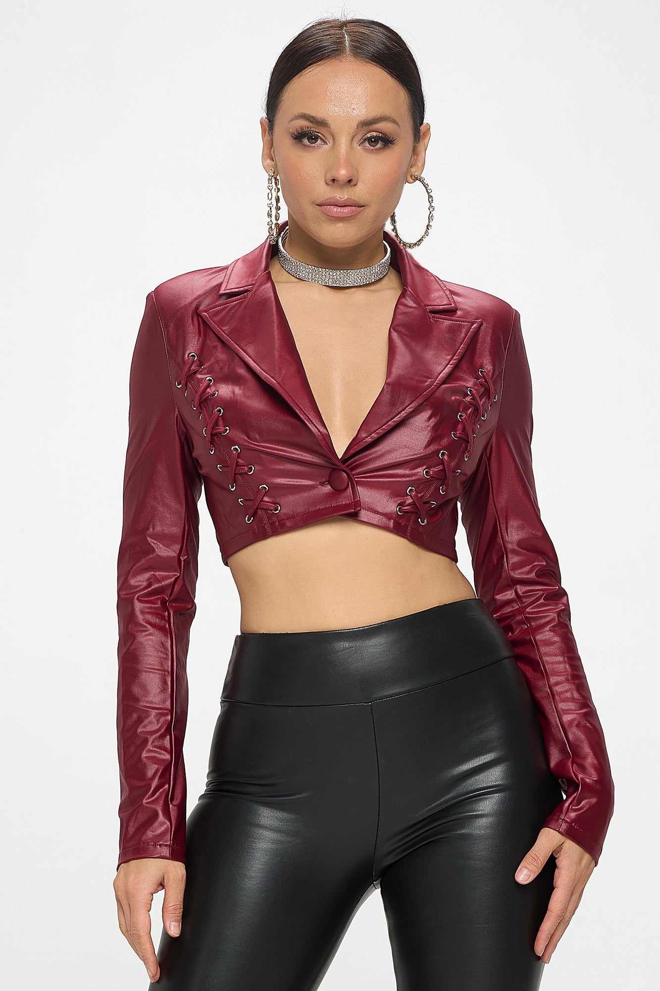 LACE UP DETAILS COLLARED LONG SLEEVE CROP JACKET