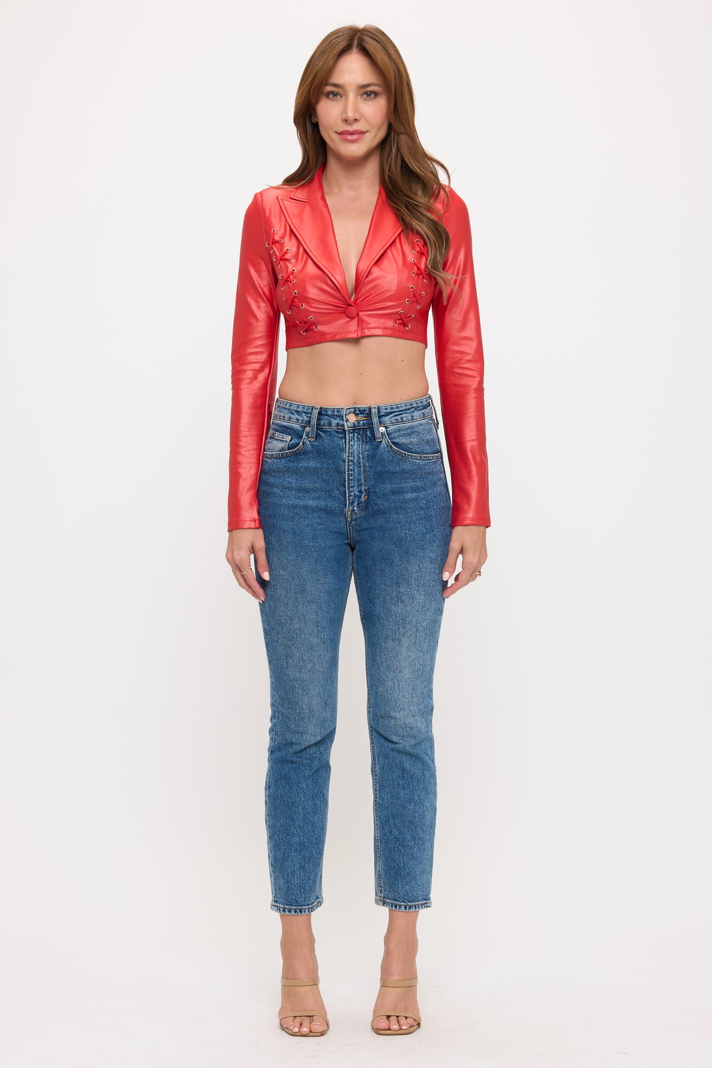 LACE UP DETAILS COLLARED LONG SLEEVE CROP JACKET