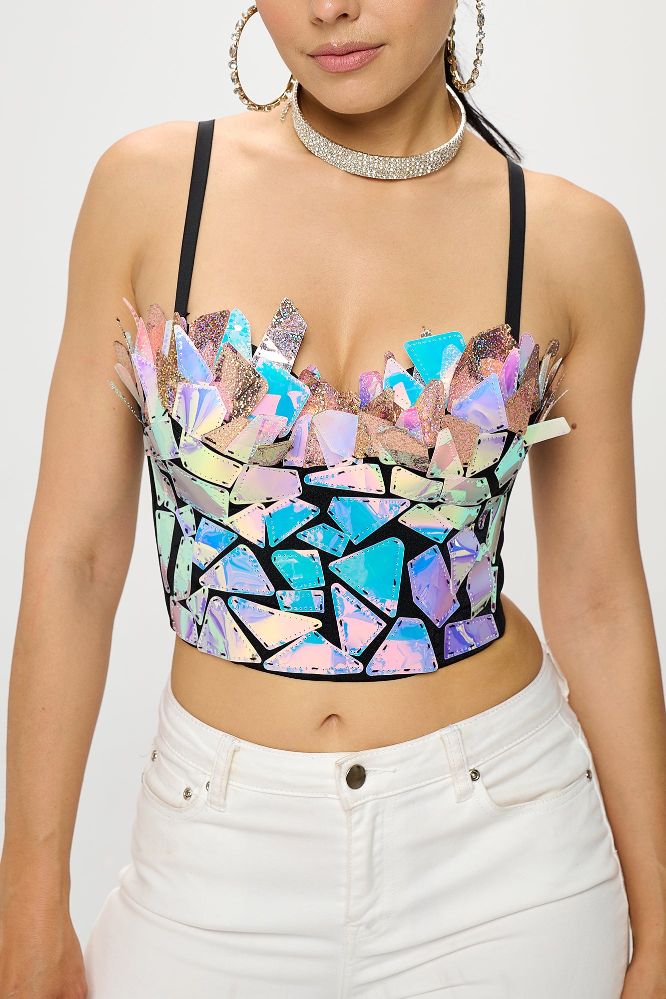 Multicolored Holographic Spiked Bustier Bra