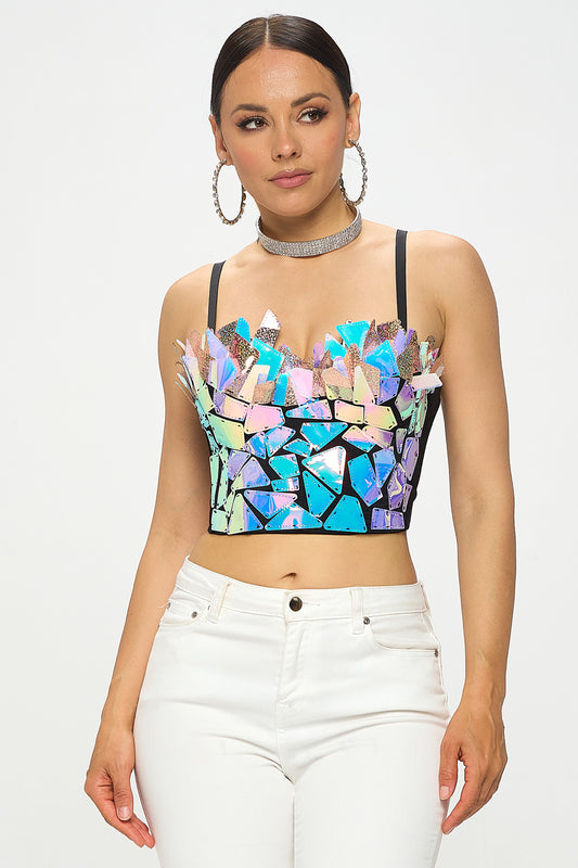 BEADED FLOWER SEQUIN MESH BUSTIER CROP TOP – OhYes Fashion