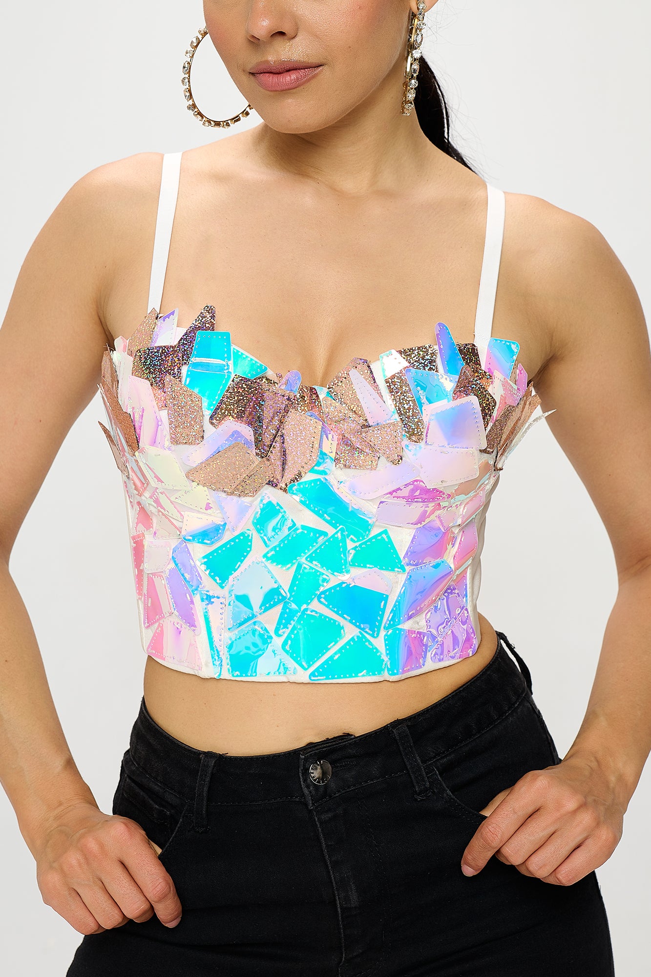 FLOWER SEQUIN EMBROIDERY BUSTIER CAMI TOP