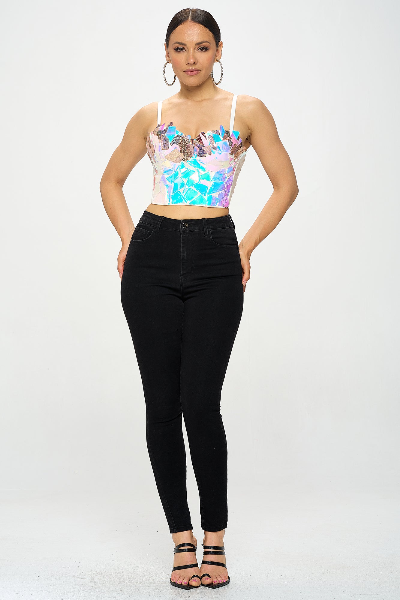 IRIDESCENT TRIANGLE HOLOGRAPHIC BUSTIER CAMI TOP – OhYes Fashion