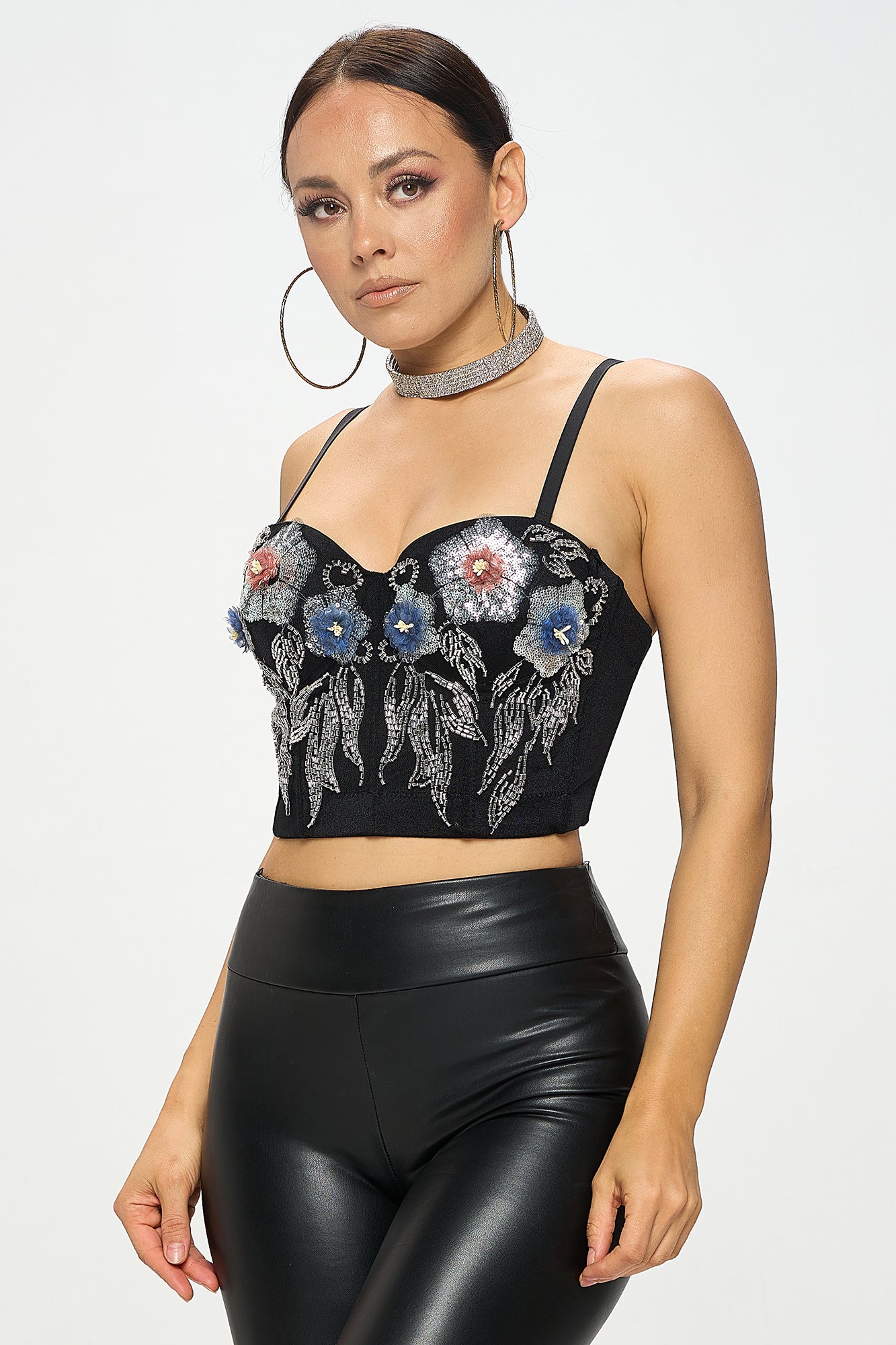 FLOWER SEQUIN EMBROIDERY BUSTIER CROP TOP