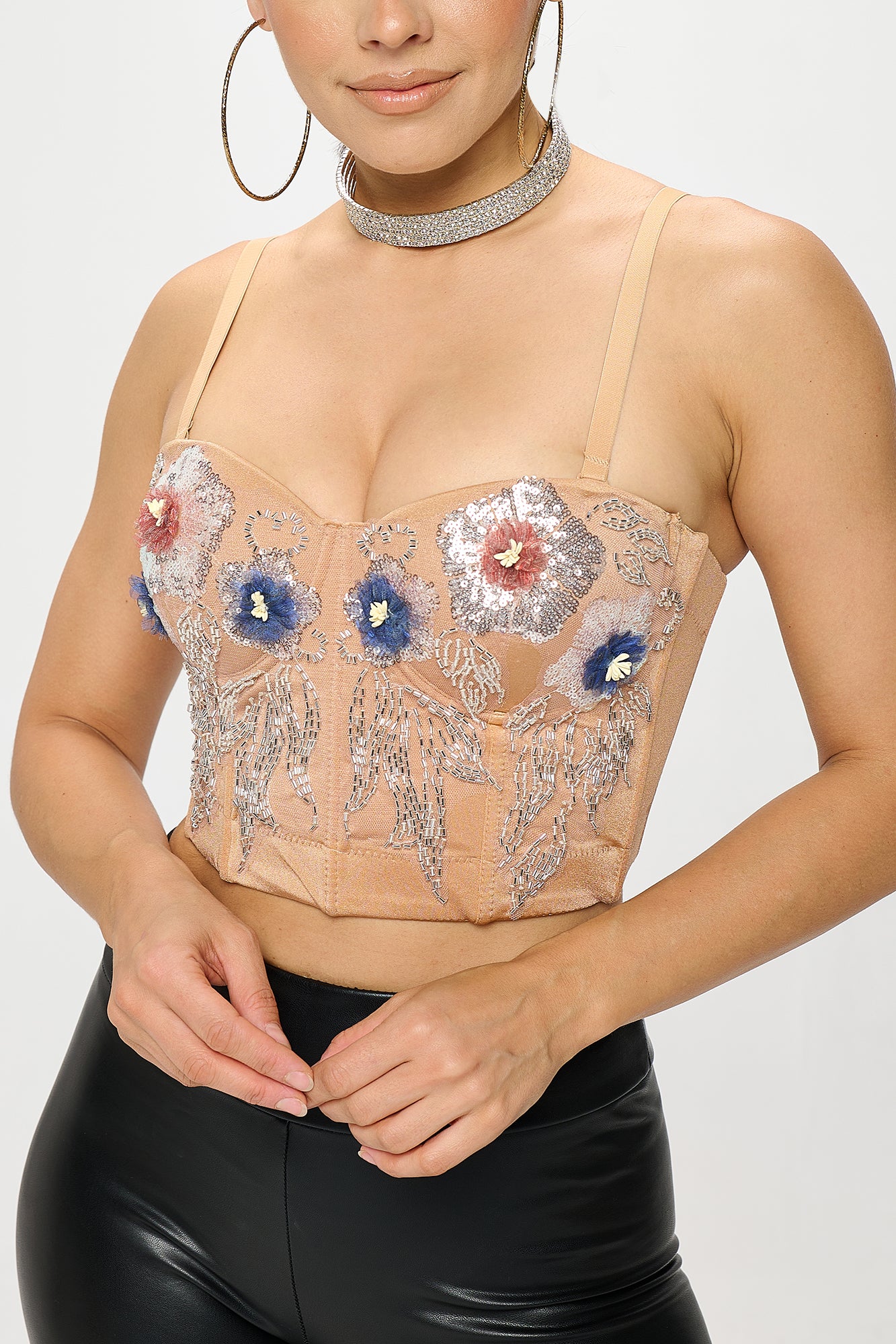 FLOWER SEQUIN EMBROIDERY BUSTIER CROP TOP