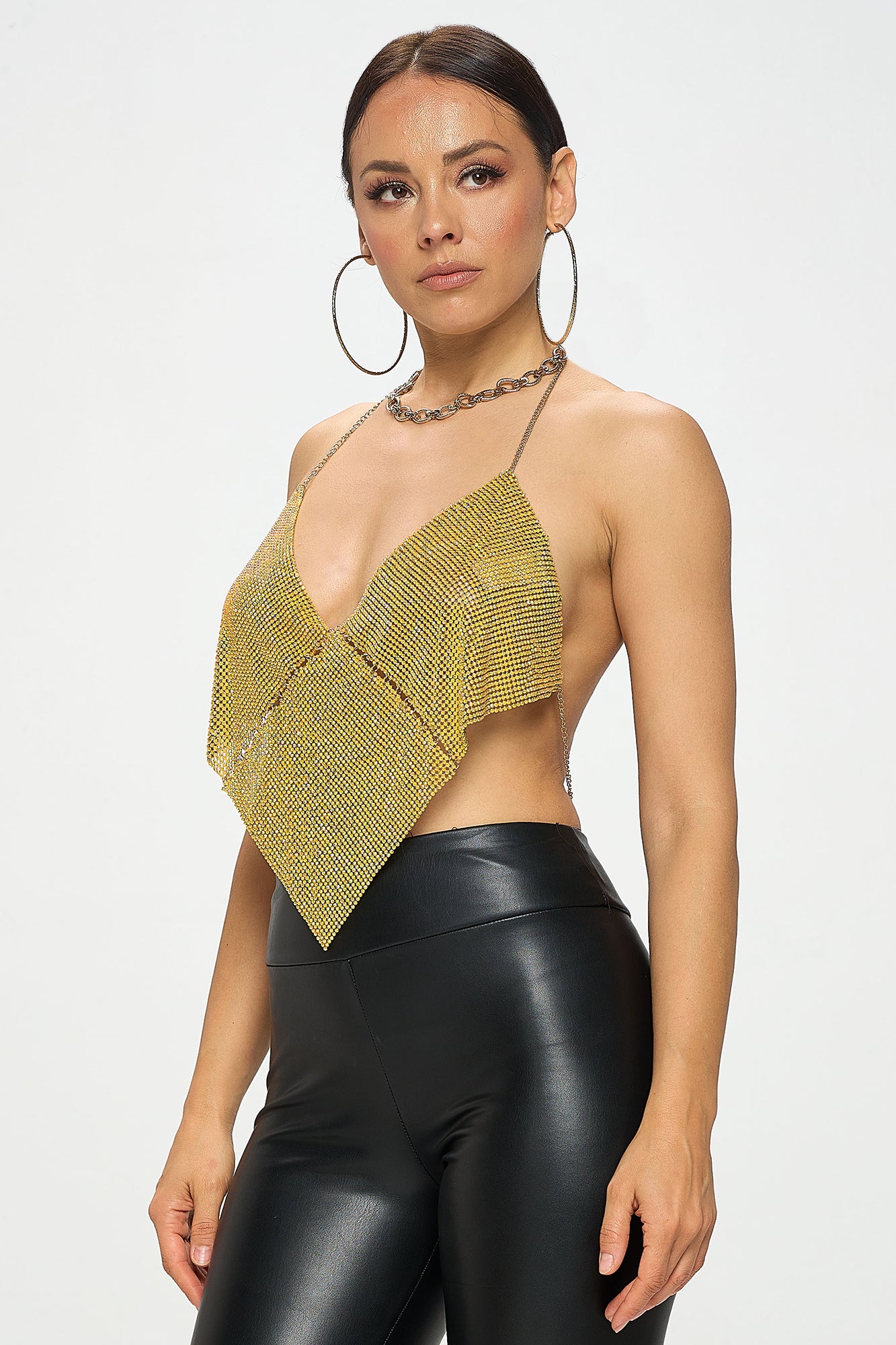 METALLIC CHAIN DEEP V-NECK BACKLESS HALTER TOP