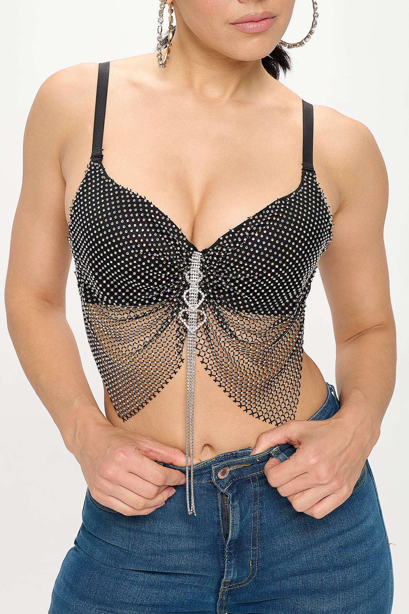 RHINESTONE FISHNET CHAIN HEART PENDANT TASSEL BRA